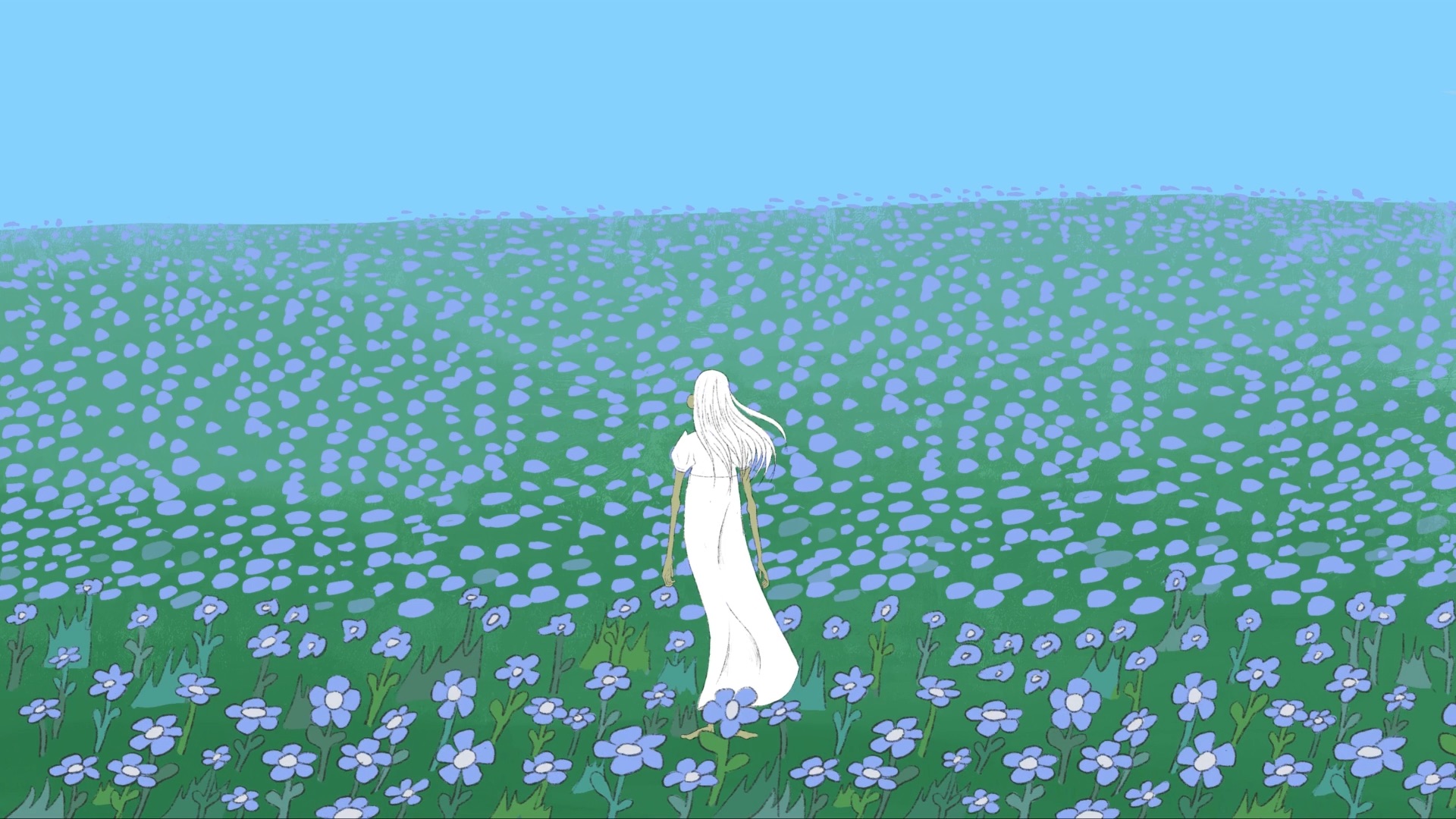 A figure in a white dress standing in a field of blue flowers
